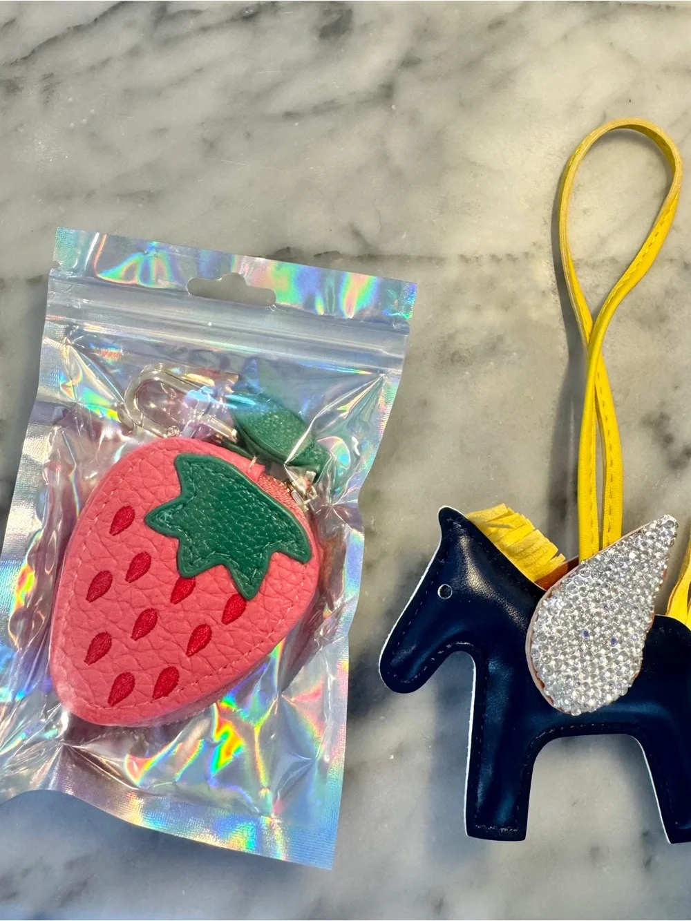 Bag charms key chains accessories strawberry coin purse & sparkly Pegasus wings